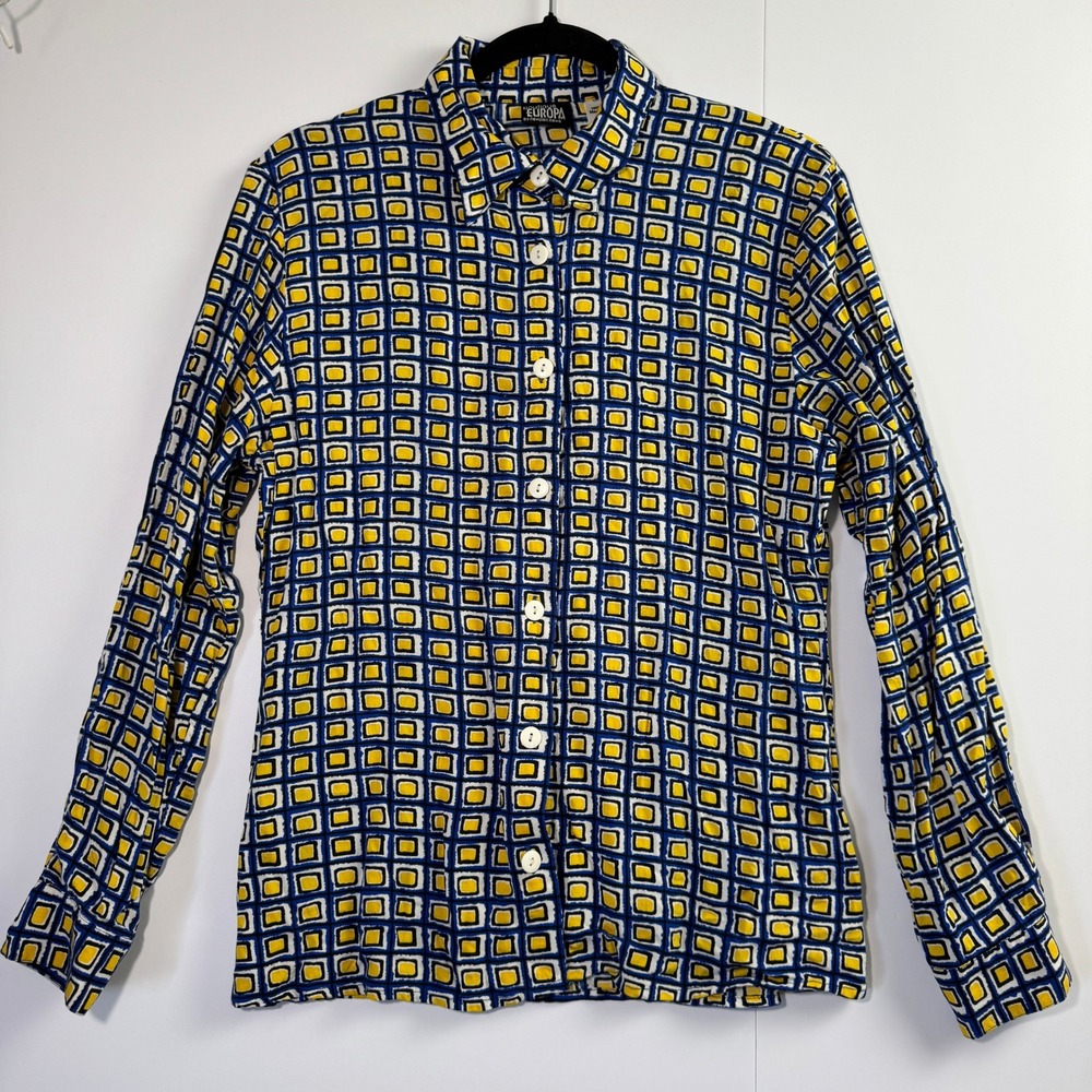 Boutique Europa Newport News Geometric Square Viscose Blouse Yellow Blue 12